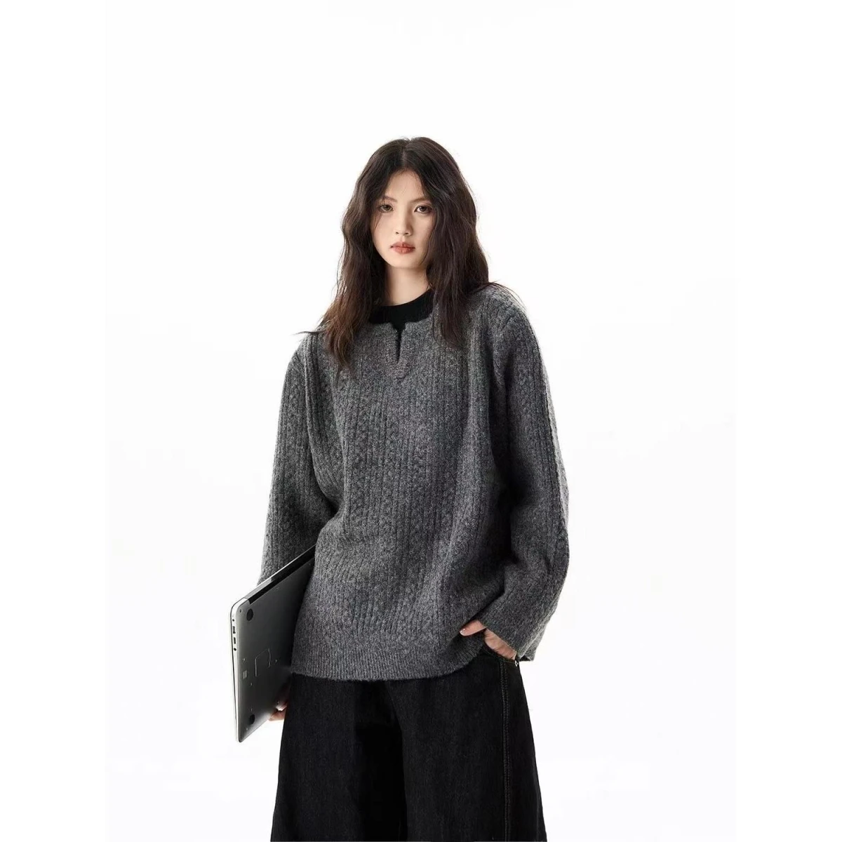 

American Retro Twist Design Men's Loose Fit Knitwear Henry Collar Long Sve Warm Casual Sle Polyester Fiber Winter Sweater