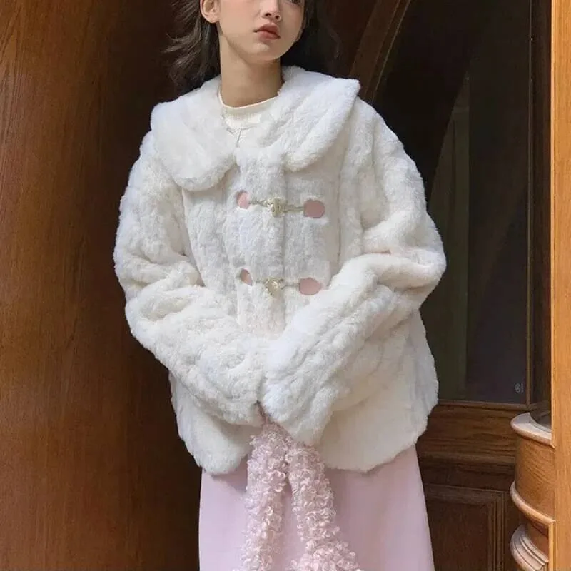 

Lamb Women's New Sweet And Environmentally Friendly Rabbit Fur Lapel Plush Coat Short Style