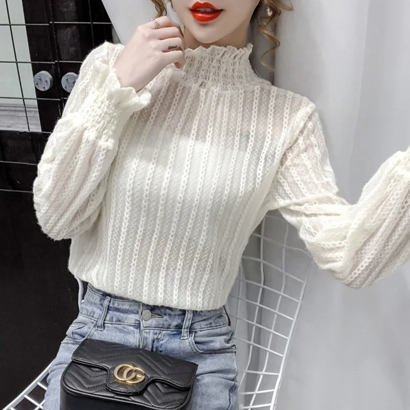 Mock Neck Pullovers Women Loose Lace All-match Tops Basic Elegant Simple Gentle Fashionable Outwear Ladies Stylish Streetwear