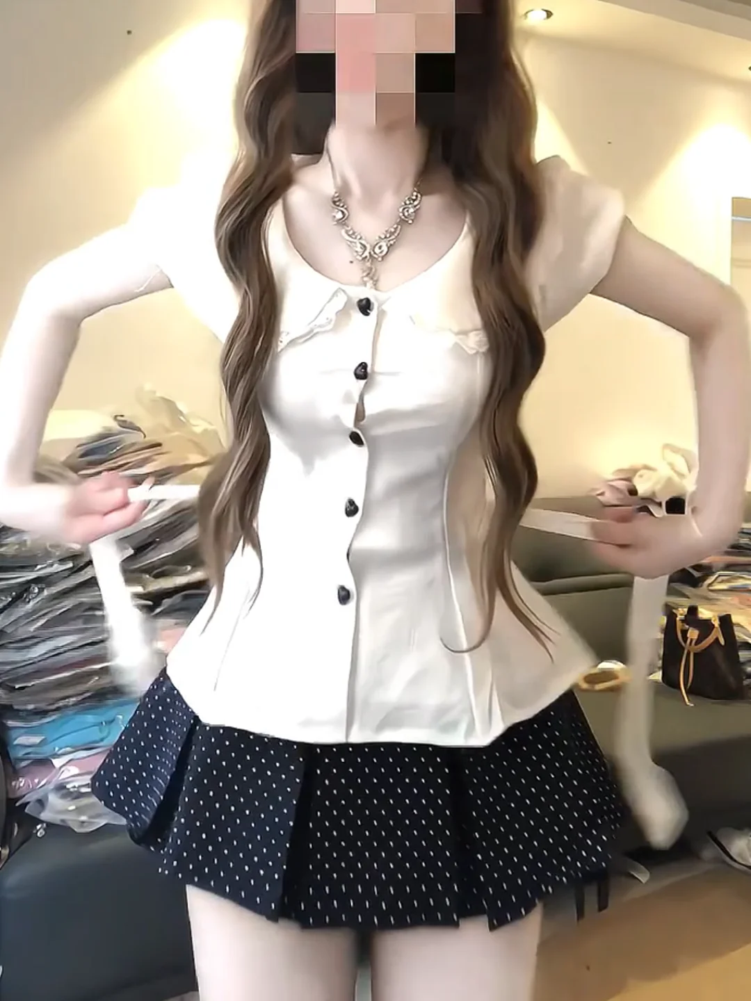 Sexy Retro Doll Collar Bubble Sleeve Shirt Top And Half Skirt Two Piece Set for Young Women Summer Fashion Outfit with High W...