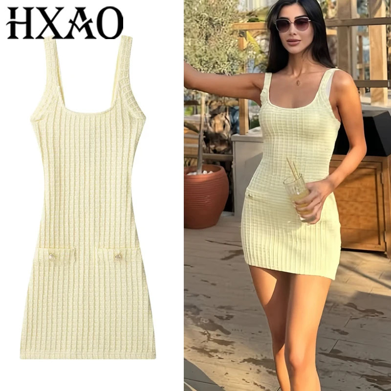 HXAO Slip Gelb Minikleid Frauen Ärmellose Strickkleider 2025, Frau Sommer, figurbetontes kurzes Kleid, rückenfrei, sexy, elegante Kleider