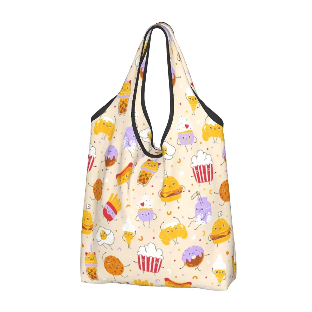 Reusable Cute Smile Cartoon Dessert Fast Food Shopping Bags for Groceries Foldable Childish Hamburg French Fries Grocery Bags