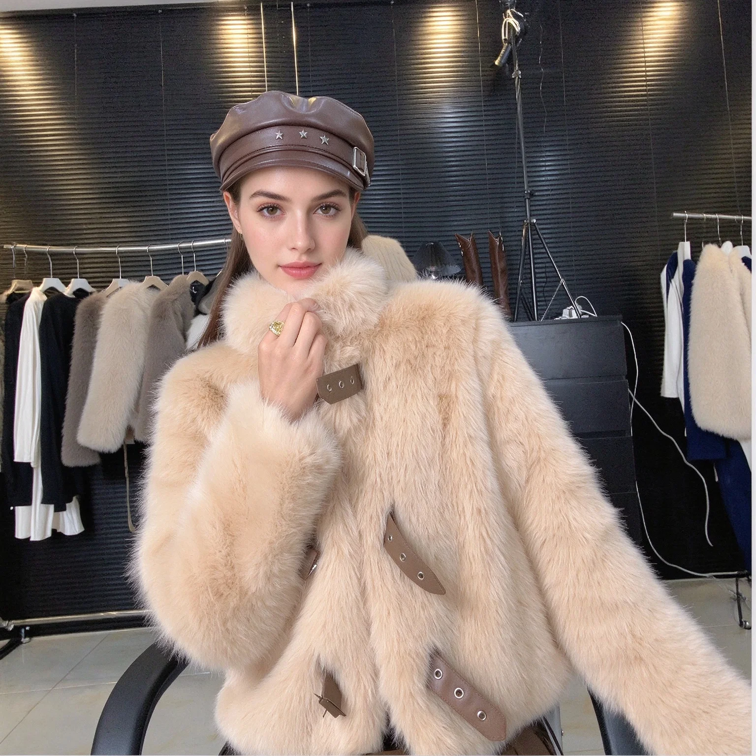 Petite Women's Faux Fur Jacket with Leather Buckle Short Cropped Winter Warm Outerwear Trendy Classic Chic Fads Hot Coats