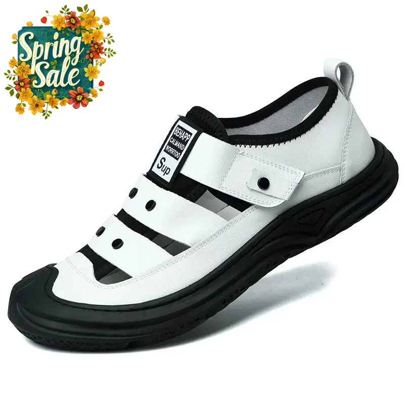 

2026 Men's Leather Sandals Breathable Casual Shoes Soft Bottom Anti-slip Summer Flip Flops round Toe Slip-On Shoes for Dad