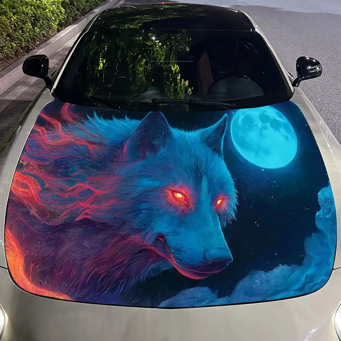ملصق غطاء السيارة بتصميم Blue Night Moon Wolf ملفوف من الفينيل الملون المقاوم للماء للشاحنات ورسومات بونيه المزخرفة وإمكانية الوصول التلقائي