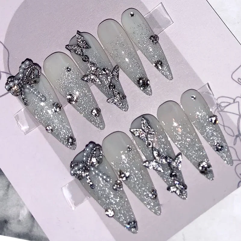

Handmade Butterfly Press On Nails Y2K Glitter Rhinestone Fake Nail With Glue Acrylic Long Coffin Stiletto Thick False Nails Tips