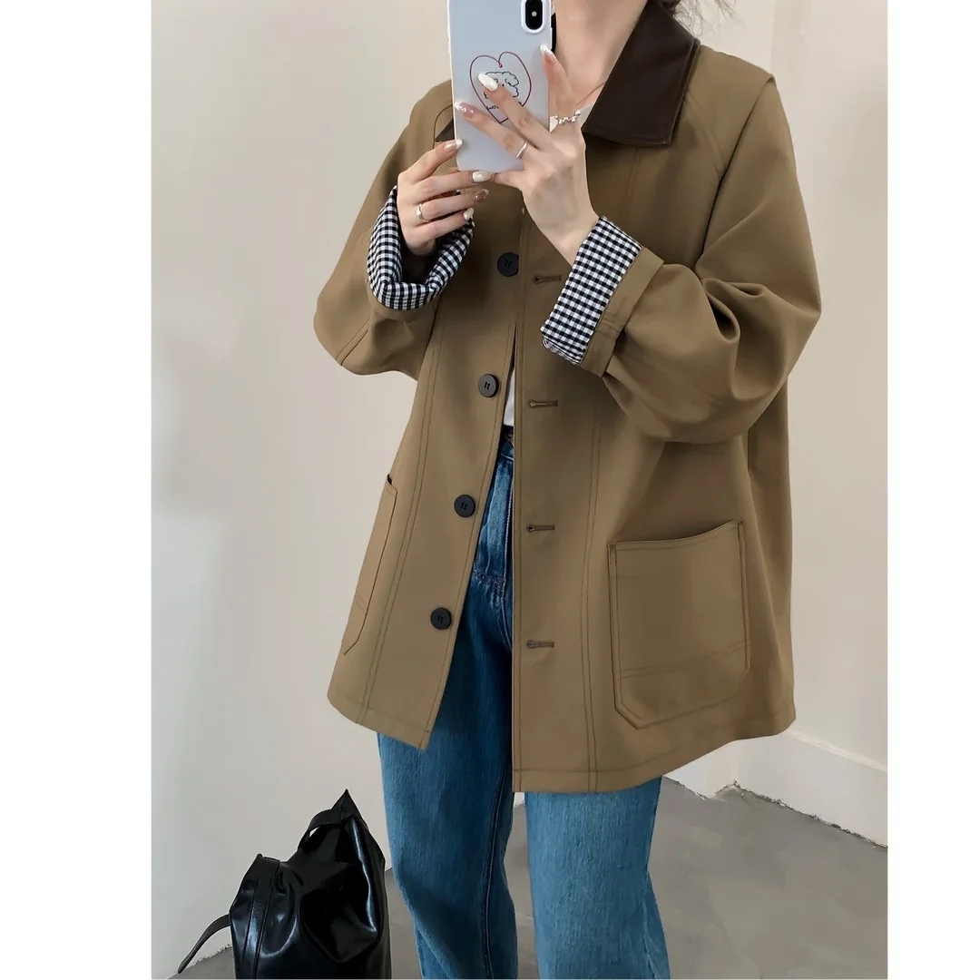 

SuperAen Fashion PU Patchwork Lapel Collar Design Coat for Women European and American Style Oversize Office Lady Trench Coats