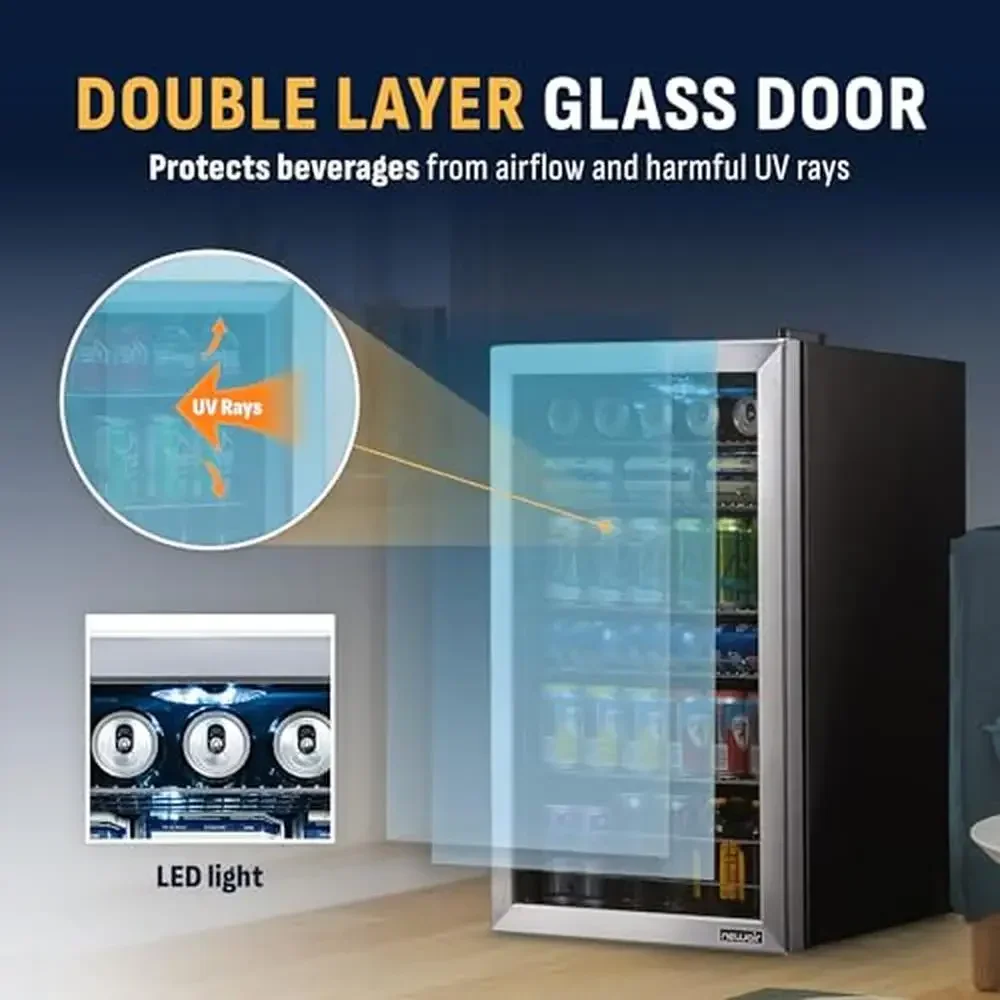 Versatile Stainless Steel 126-Can Beverage Cooler Adjustable Shelves Mini Fridge