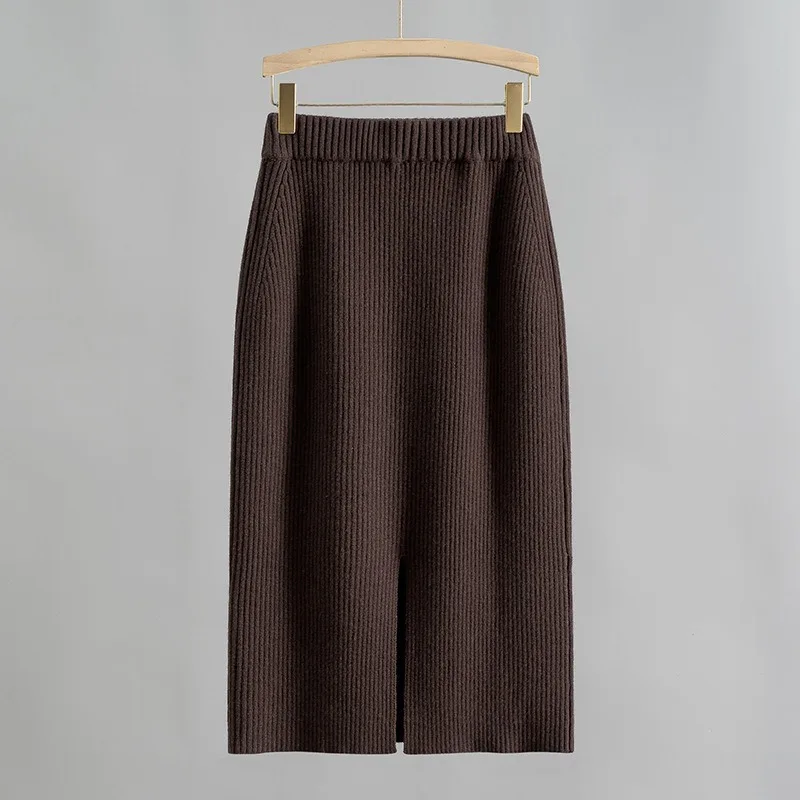 Autumn and Winter New Wool Alpaca Elastic High Waist Ribbed Knitted Straight Slim Fit Skirt for Women