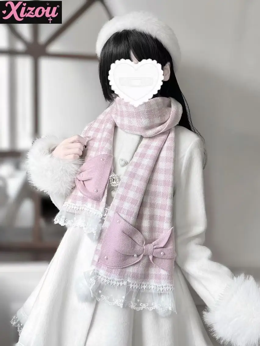 

Японская оригинальная серия Mine, массовое производство, шарф с жемчужным бантом, женский сладкий розовый клетчатый шарф в стиле Лолиты, осень и зима 2025 г.