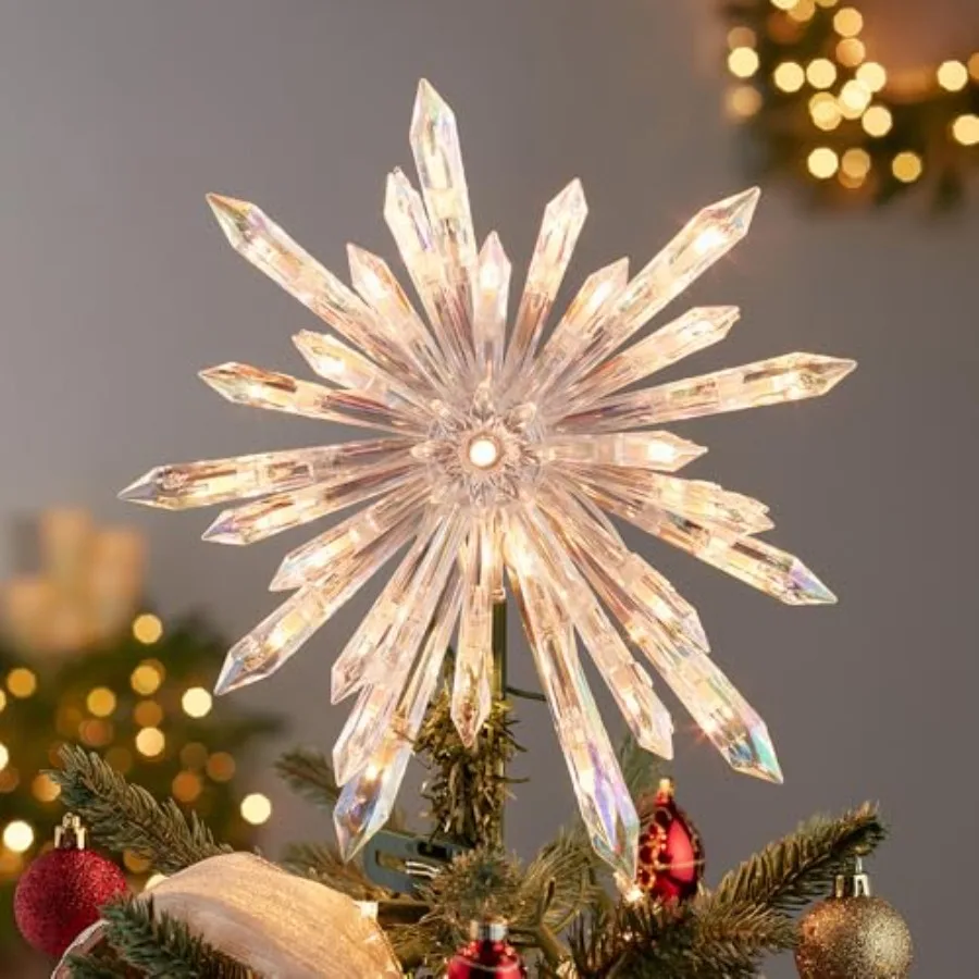 Elegant 11.25inch Clear Crystal Snowflake Treetop Ornament with 30 Lights for Holiday Decorations Ideal for Christmas Tree Topp