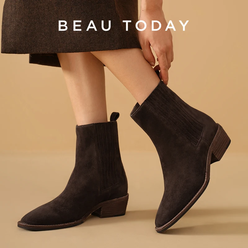 

BEAUTODAY Chelsea Boots Women Suede Leather Pointed Toe Elastic Band Ankle Boots Ladies Mid Heel Shoes Handmade 03D62