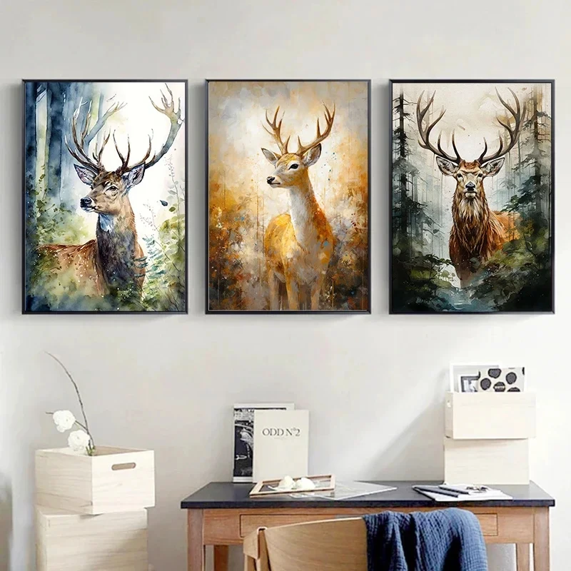 Vintage Wildlife Animal Deer Forest Trees Landscape Art Poster Canvas Painting Wall Prints Picture for Living Room Home Decor