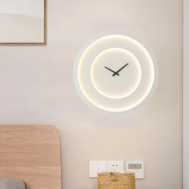 

Modern Round LED Wall Light With Clock Bedroom Living Room Dining Room Atmosphere Lamp Home Deco White Green Metal Dropshipping