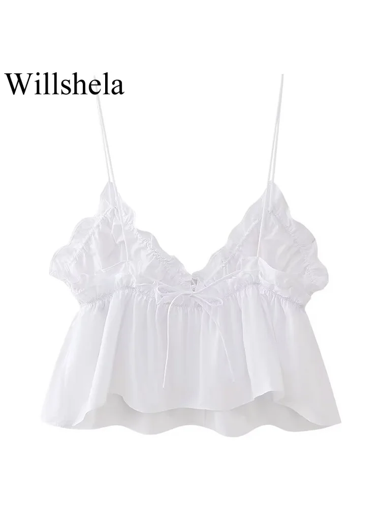 Willshela Women Fashion White Pleated Backless Bow Lace Up Cropped Tops Vintage Thin Straps V-Neck Female Chic Lady Crop Top