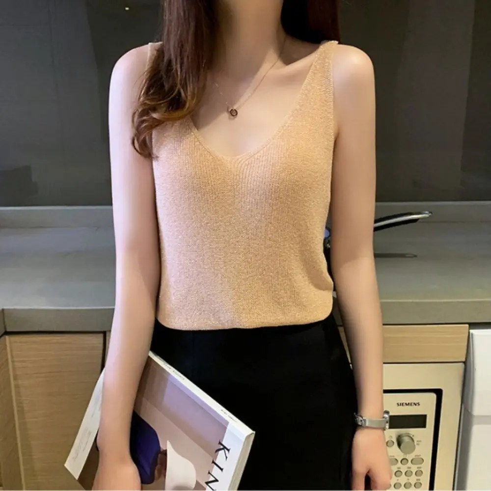 

Trendy Casual Women Tank Tops Sequin Elegant Camisole V Neck Knitted Crop Top Spring Summer