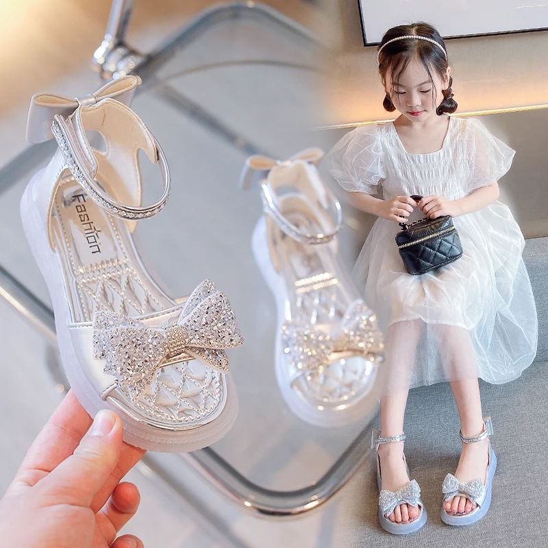 

YUYIN Summer New Girls' Princess Style Sandals Sandals with Shiny Rhinestone Bows Fashionable Non-Slip Flat Children's Sandals