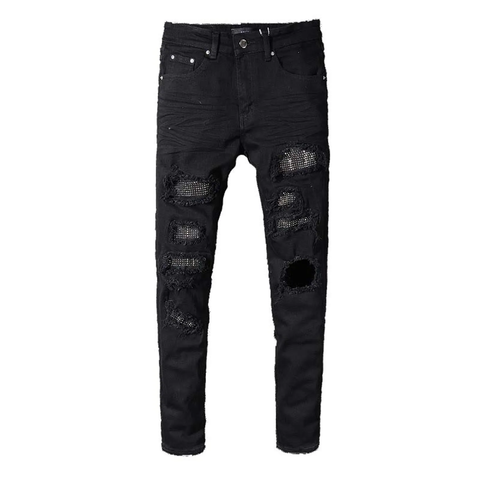 High Street Fashion Fashionable Black Ripped Jeans Men's Hot Stamping Elastic Slim Fit Small Leg Pants Trendy Outdoor Apparel