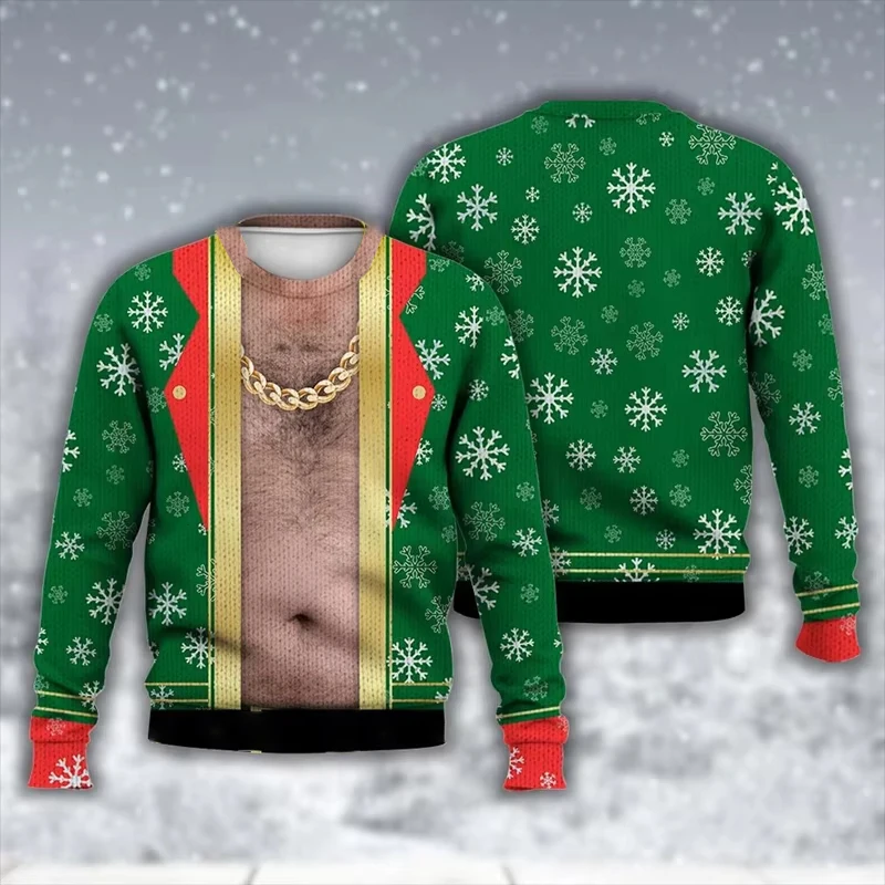 Unisex Ugly Christmas Sweatshirt for Men 3D Printed Funny Fake Muscles Graphic Pullover Sweatshirts Mens Oversized Tracksuit Top