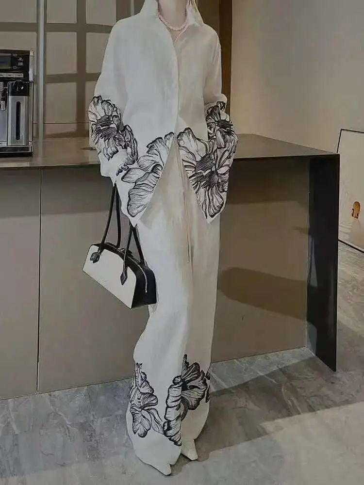 

Повседневный комплект из 2 предметов из хлопка и льна, блузка с длинными рукавами и цветочной вышивкой и свободные брюки для женщин, весна 2020, новый прилив