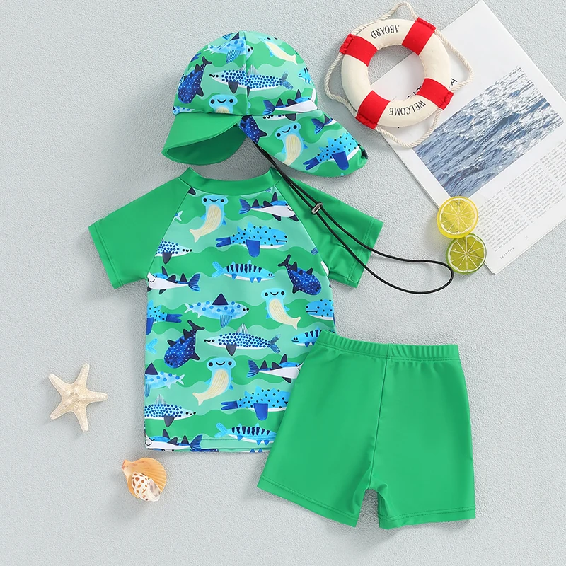 0-3T Baby Boys Swimsuit Set Summer Shark Print Short Sleeve Rash Guard and Swim Trunks and Hat Swimwear Beachwear