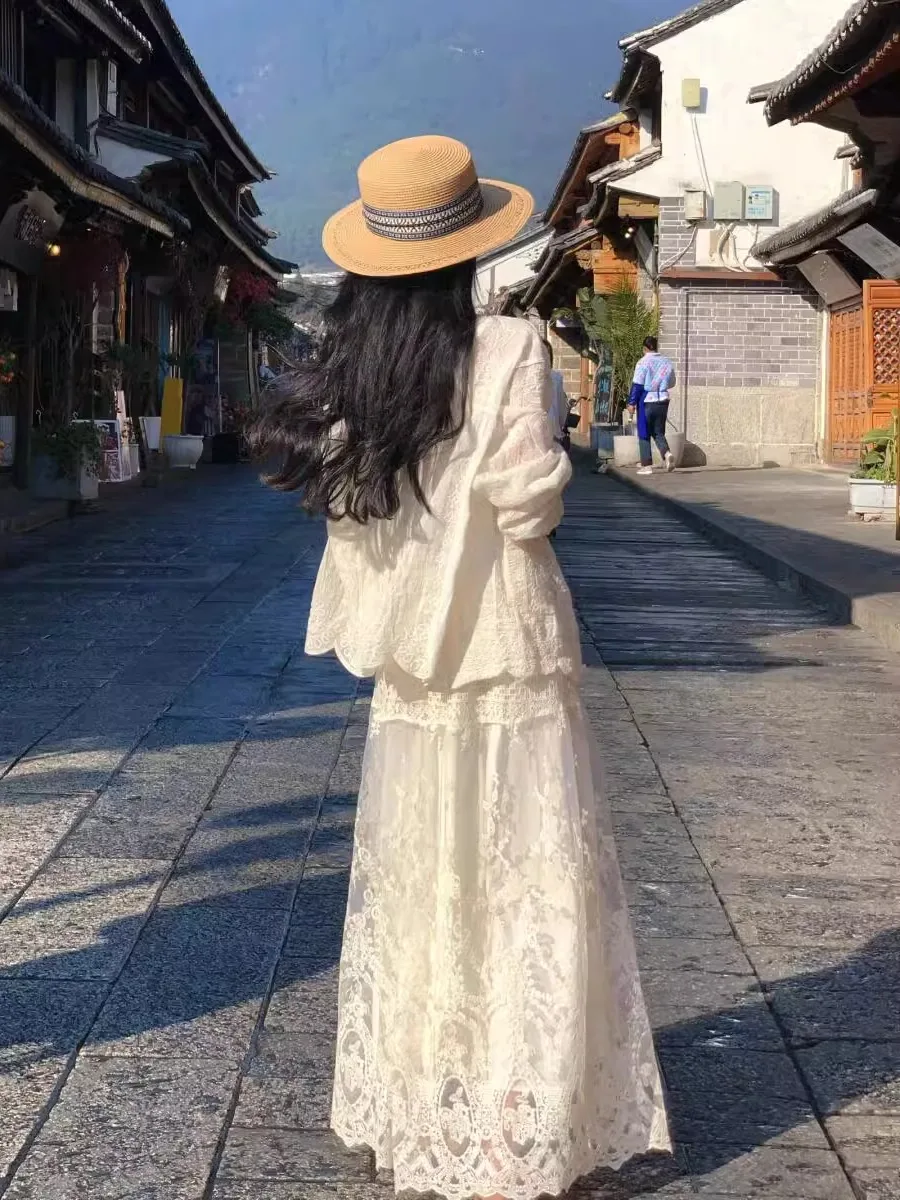 

Spring Season plus Size Women's Dress Elegant Lace Embroidery Holiday Travel Set Soft Beautiful Women's Fashion Outfit