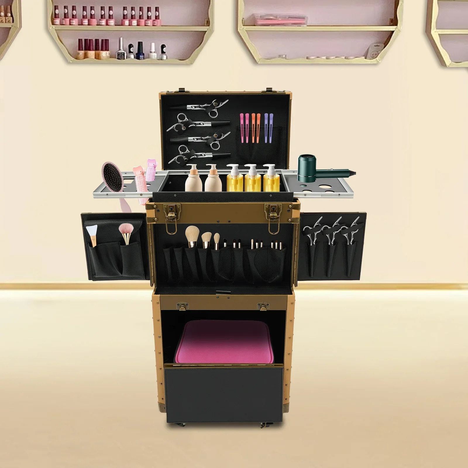 Estuche de peluquería punk dorado duradero: cerraduras con contraseña móvil para una organización segura de herramientas de salón