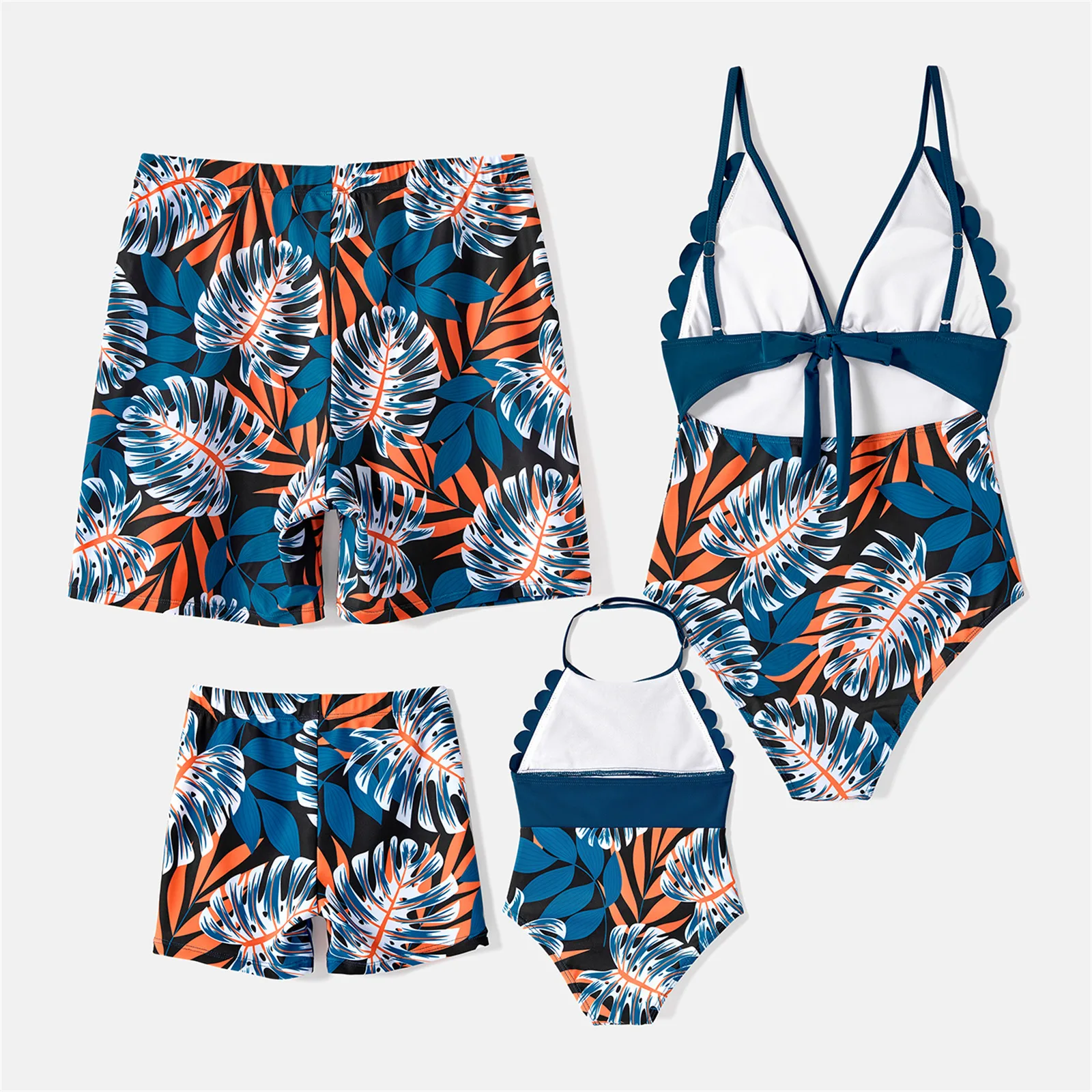 PatPat Family Matching Plant Print Scallop Edge Spliced One-piece Swimsuit and Swim Trunks