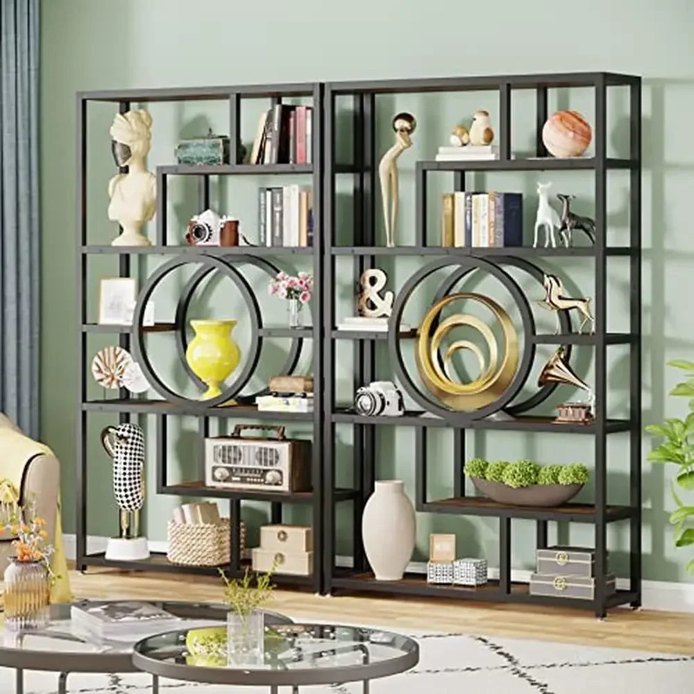 8-Tier Industrial Geometric Bookshelf with 11 Open Shelving Units Retro Brown Metal Frame Display Stand Office Kitchen Living