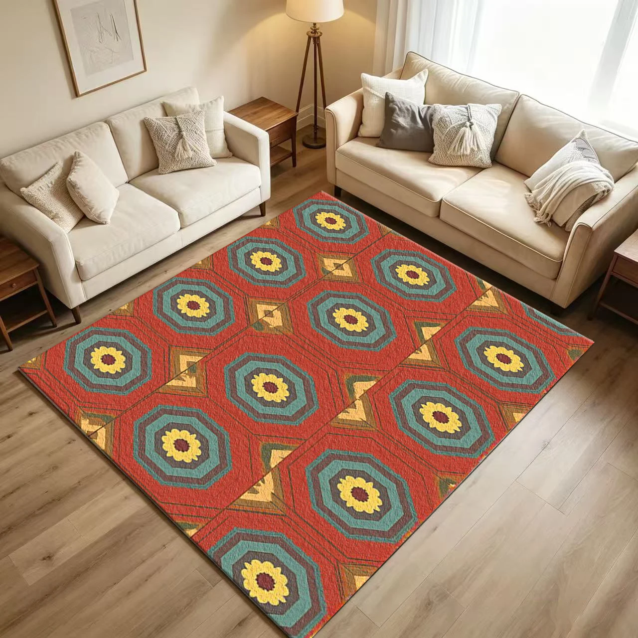 Boho Retro Hexagon Flower Carpet Flooring Vintage Geometric Tile Repeating Pattern Printed Floor Rug for Household Room Home Decoration