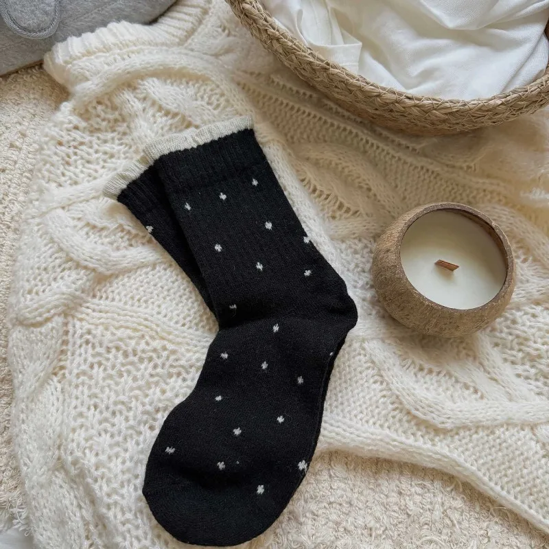 5 paires automne hiver Dot femmes mi-mollet chaussettes Style coréen chaud dames Coquette cheville chaussettes fille école froufrous chaussettes en gros
