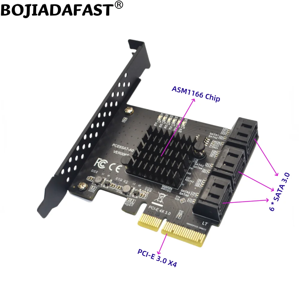 

PCIe X4 PCI-E 3.0 4X To 6 Ports SATA 3.0 Connector Expansion Adapter Card ASM1166 For Hard Disk Drive