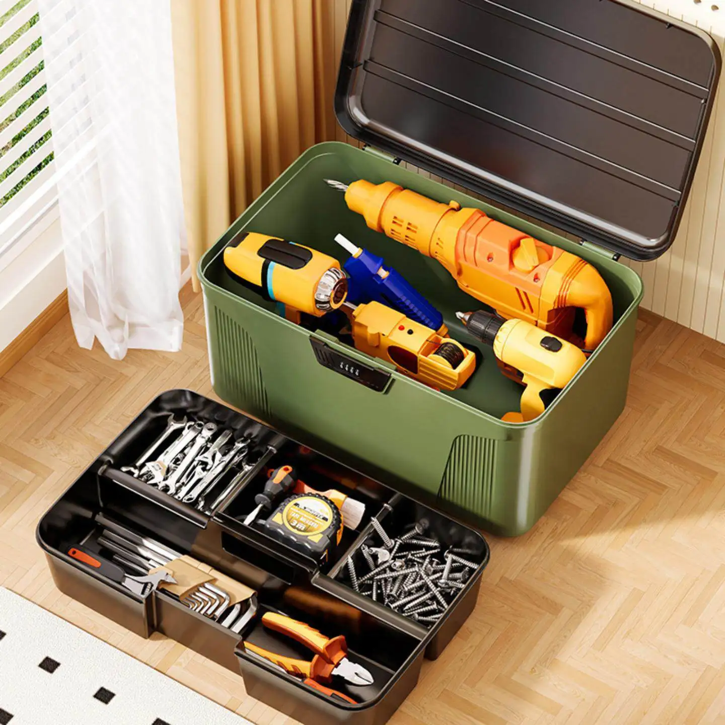 Green Plastic Storage Box With Combination Lock, Stackable Durable Bin Handle For Clothes Documents, Home Bedroom Closet