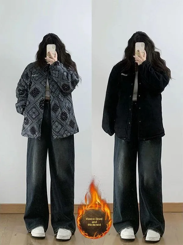 

Женские джинсы больших размеров с флисовой подкладкой, свободного прямого кроя, в американском ретро-стиле, зимние брюки для полных женщин