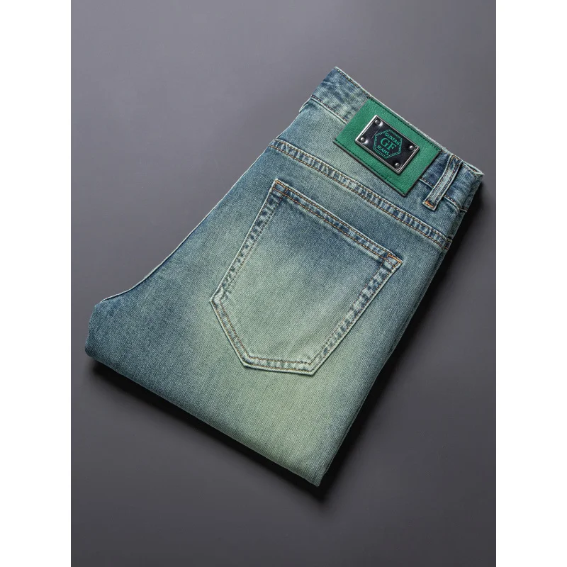 

High end retro green men's jeans summer thin stretch small feet 2025 new retro fashion pants