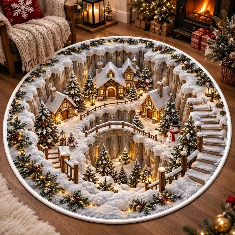 Tapis de sol rond de Noël 3D, motif illusion de neige, imprimé maison de montagne enneigée, pont, bonhomme de neige et sapin, tapis de sol pour la maison