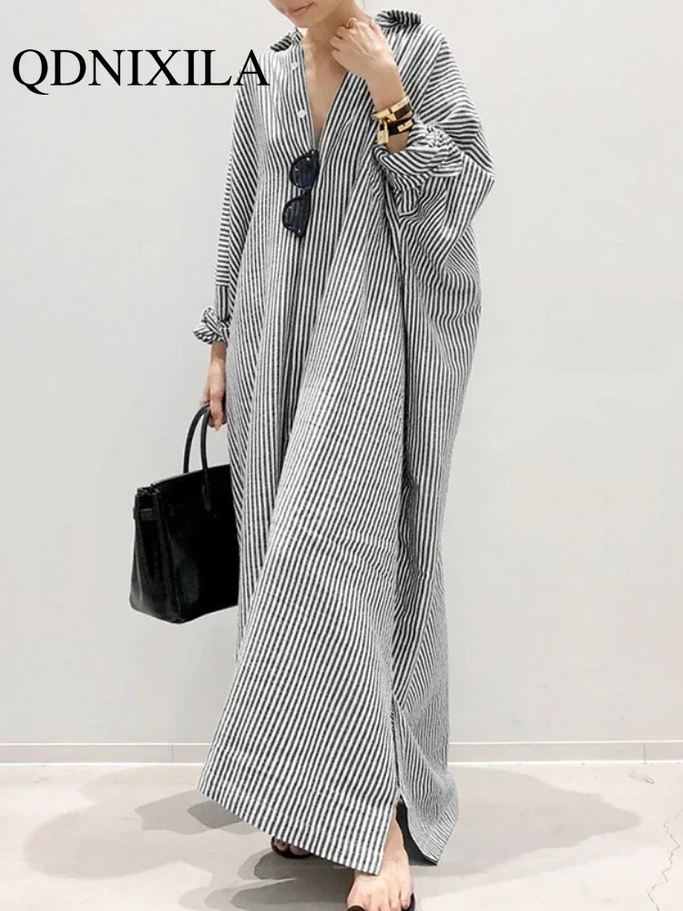 New in Elegant Striped Cardigan Loose Oversized Dress Womens Tops Women Shirts Ladies Robe Long Sleeve Blouse Button Up Shirt