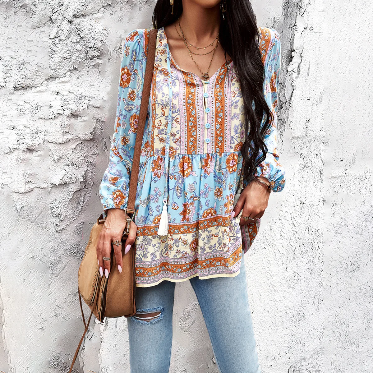 Spring Summer Women\'s Tops Temperament Casual Printed V-neck Long-sleeved Loose Mid-length Button Commuting Style Clothes