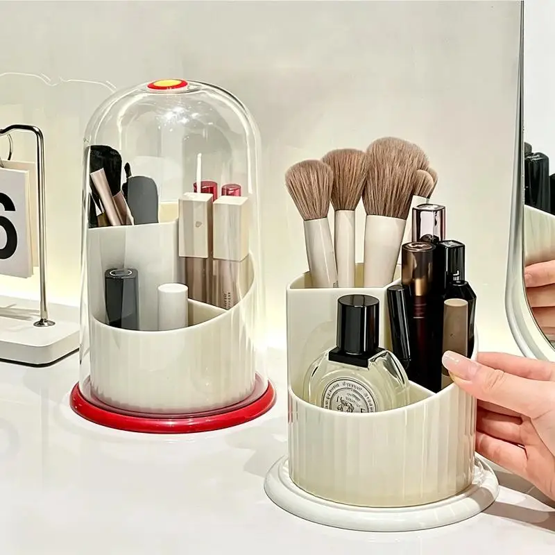 ~Rotation Makeup Brush Organizer With Dustproof Clear Cover Multiple Slots For Vanity Bathroom Cosmetic Storage