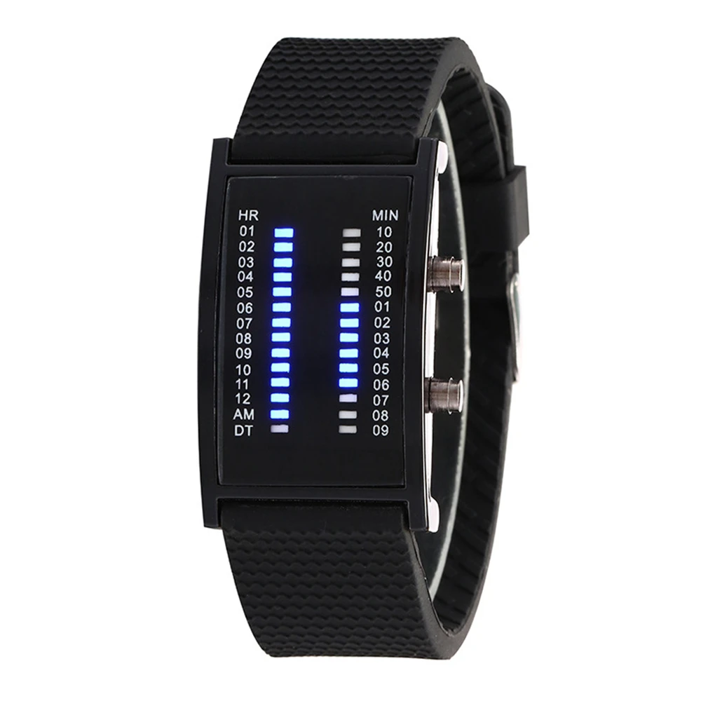 Binary LED Watches Couples Lovers Watch Gift Fashion Men And Women Luxury Rectangle Shape Blue Light Silicone Men Sports Digital