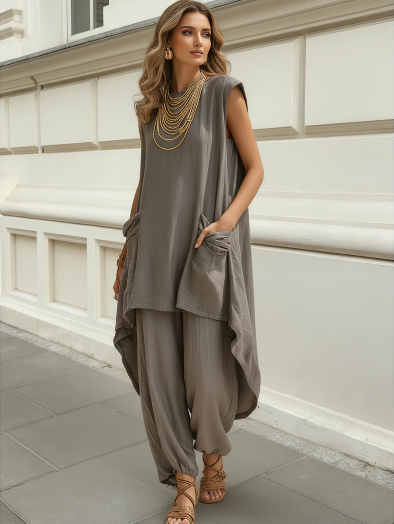 

Women Sleeveless Pocket Irregular Hem Top And Elastic Cuff Harem Pants Casual Loose Outfit Set