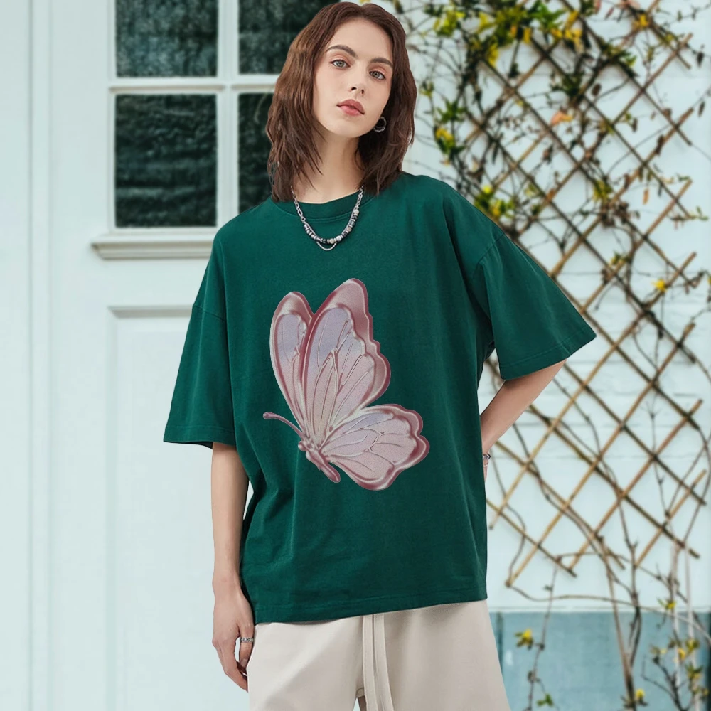 

Y2K Graphic Tees Pink Butterfly Tee All-Cotton, High-Quality Oversize Green Tee. Large Pink Butterfly Print, Artsy Y2K Trend