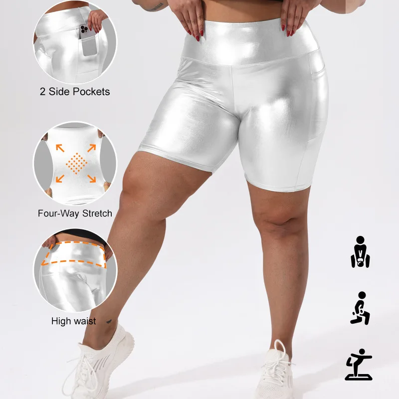 

New Euro Sexy Gold-Foil Shorts - Plus-Size High-Waist Lifting Pocket Sports Yoga Hot Pants