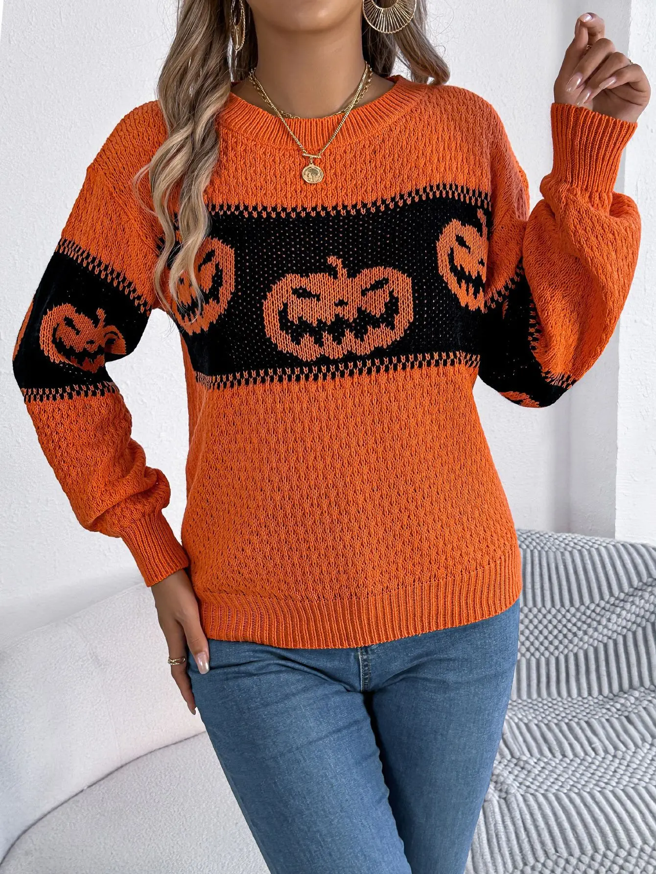 2025 Otoño Invierno suéter de mujer Tops suéteres con temática de Halloween cabeza de calabaza Color contrastante suéter de manga larga
