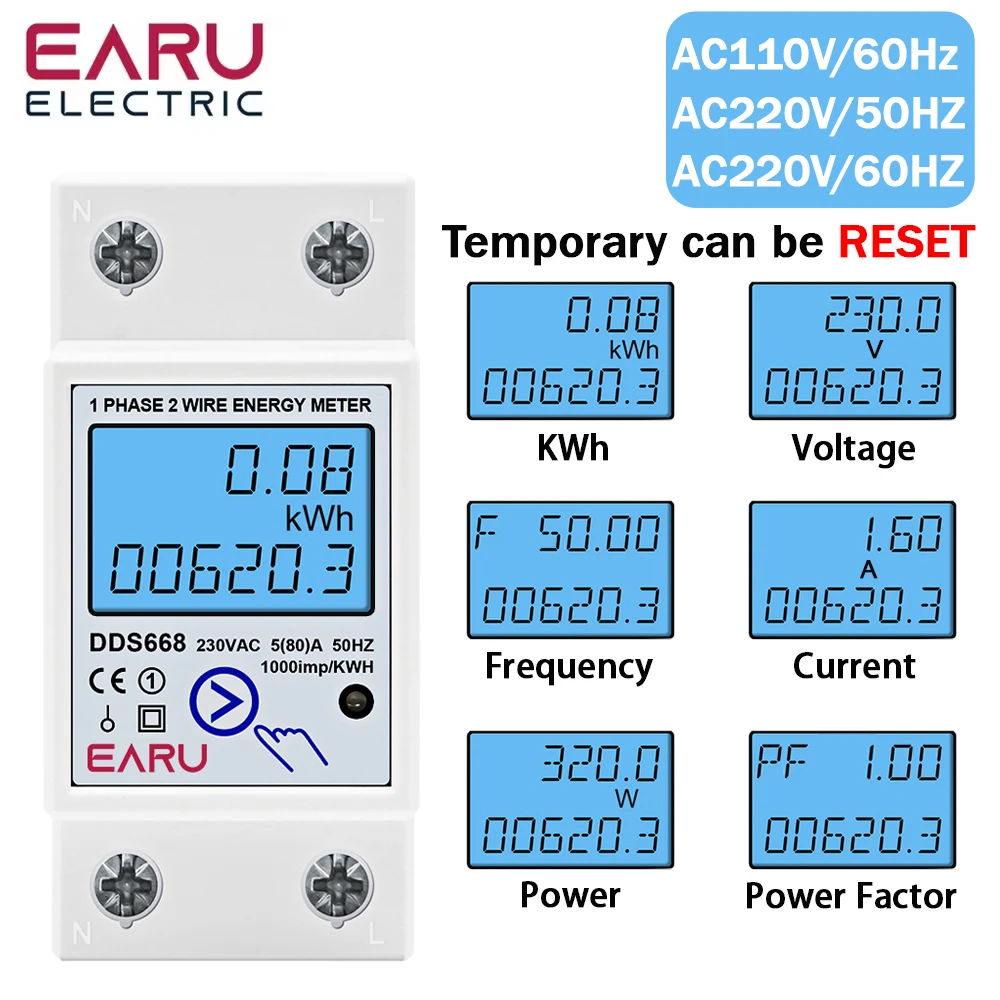 2P AC 220V 110V 50/60Hz Digital Single Phase Reset Zero Energy Meter kWh Voltage Current Power Consumption Meter Wattmeter