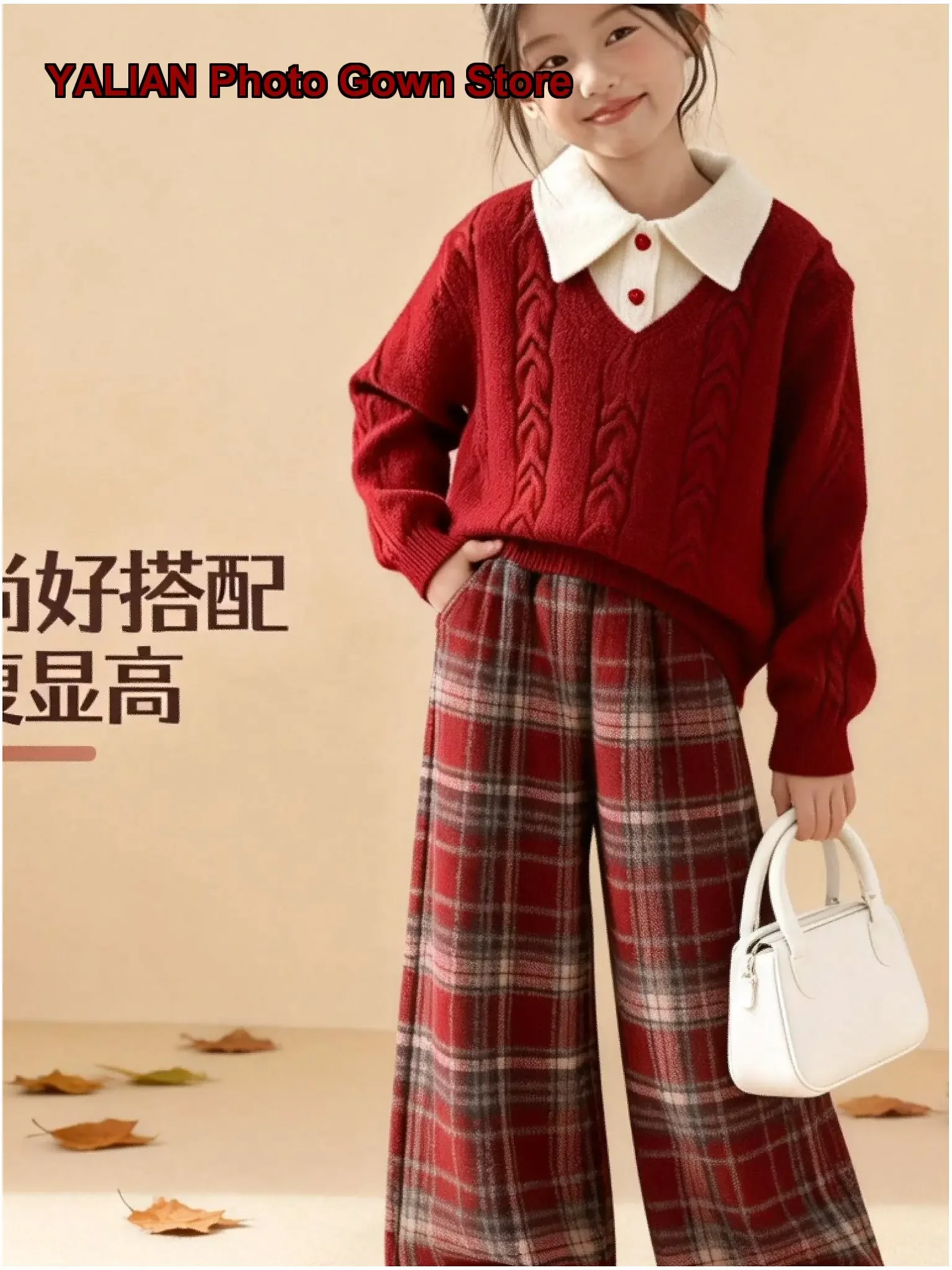 College Style Girls Two-Piece Look Fold Collar Cable Knit Sweater New Year Visiting Clothes Older Kids Polo Top