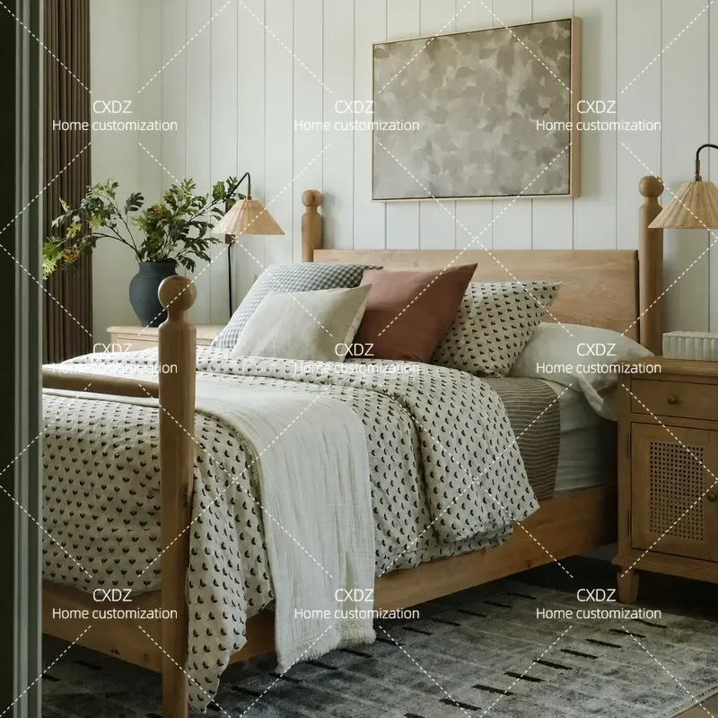 Rural Solid Wood Bed 1.8m Double Bed for Small Apartment Retro Style 1.35m Pillar Bed Simple Master Bedroom Furniture