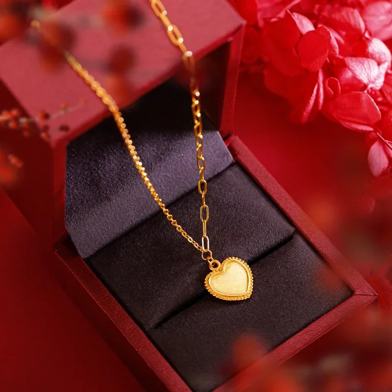 9999 Real Gold 24K Premium Heart Collarbone Necklace Flowing Gold Years Geometric Love Set Chain Necklace