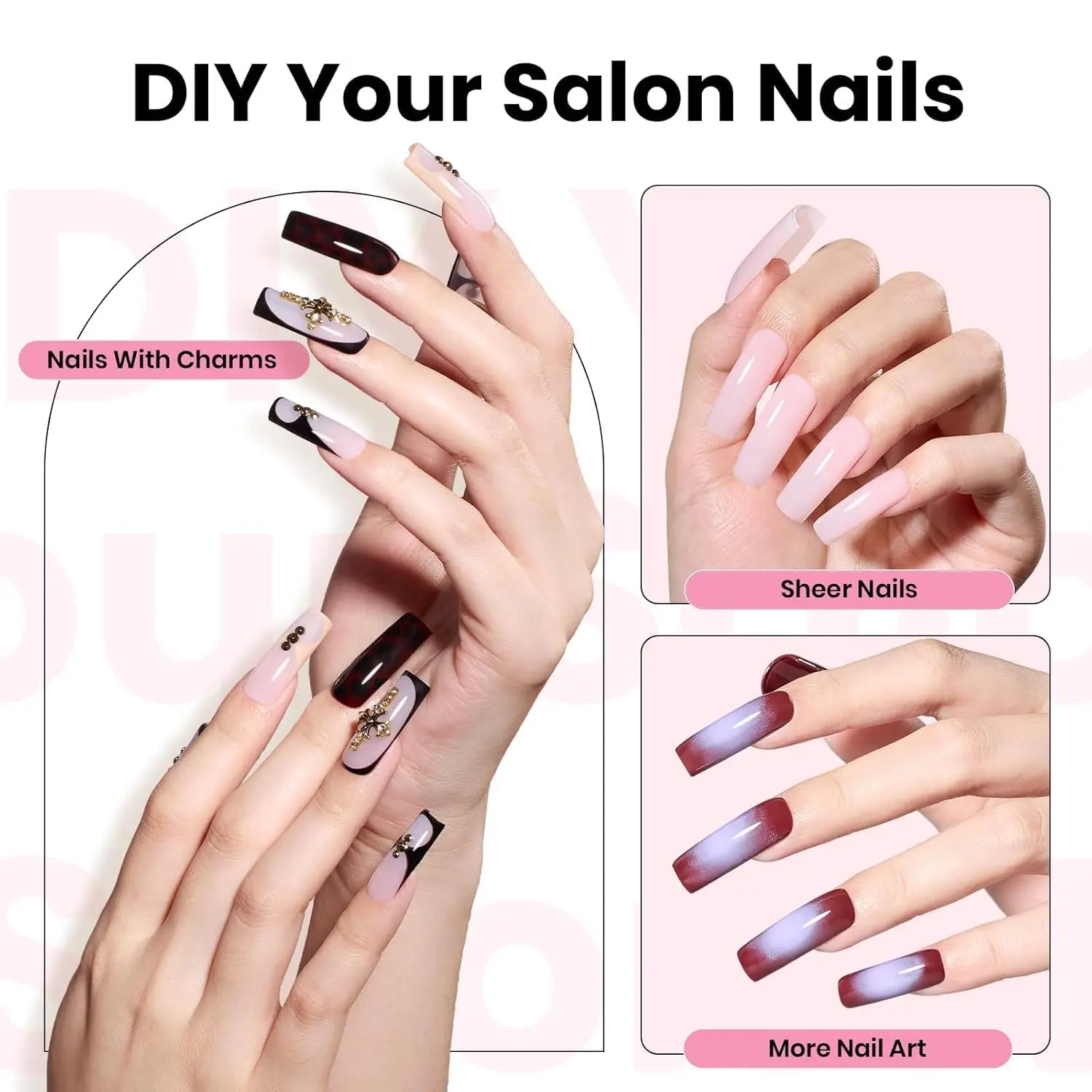 224pcs Square Long Nail Tips Kit with Glue, Dehydrator, Primer, Base & Top Coat, Mini UV Lamp for Salon-Quality Extensions