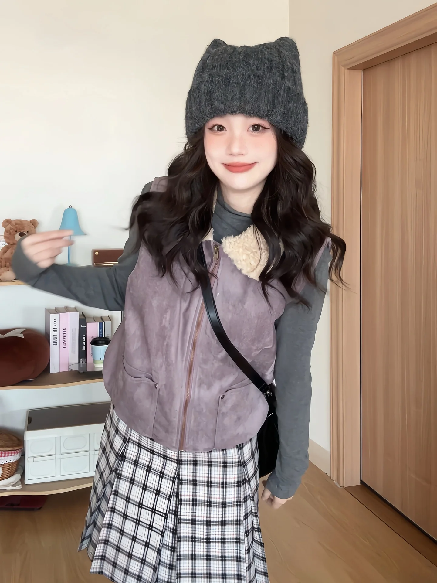 

SALT Lamb Fur Collar Suede Vest ort Loose Fit Outerwear Korean Sle Autumn Winter Anti-Aging Vintage Girls Jaet